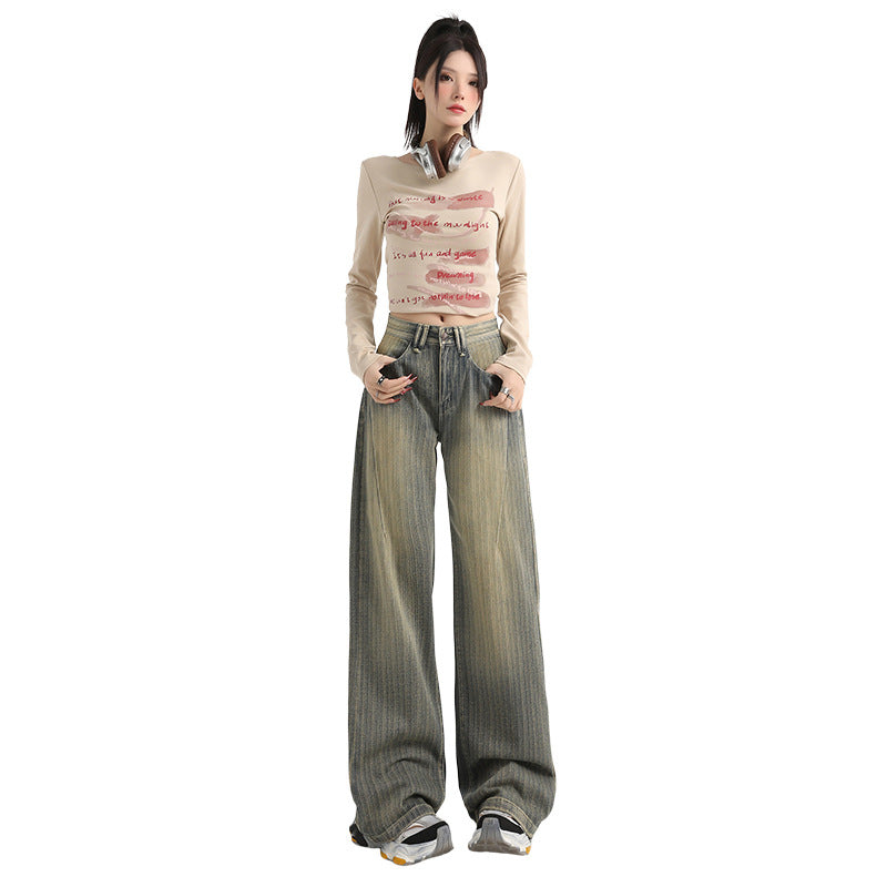 Distressed Stripe Denim Pants for Women - Fashionable Straight Leg Wide Leg Trousers