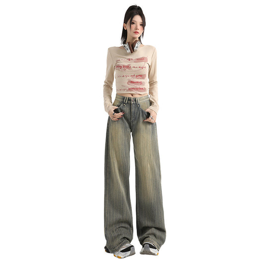 Distressed Stripe Denim Pants for Women - Fashionable Straight Leg Wide Leg Trousers