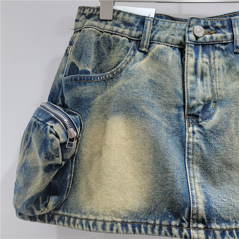 Design Sense Women's High-Waisted A-Line Denim Skirt with Zipper Pockets