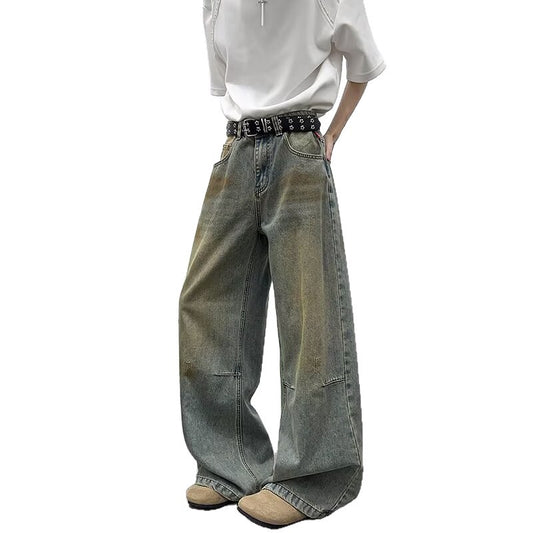 Vintage Distressed Dirty Blue Wide Leg Jeans - Premium Japanese Denim