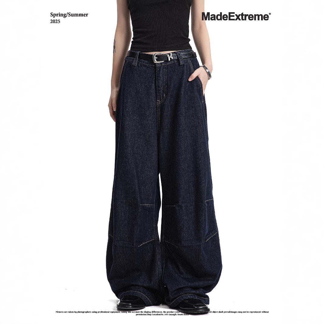 Jeans with Double Knee Tucks Vintage Baggy Deep Blue Denim Pants for Men and Women