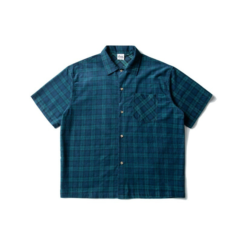 Chenille Plaid Lapel Short Sleeved Shirt for Men