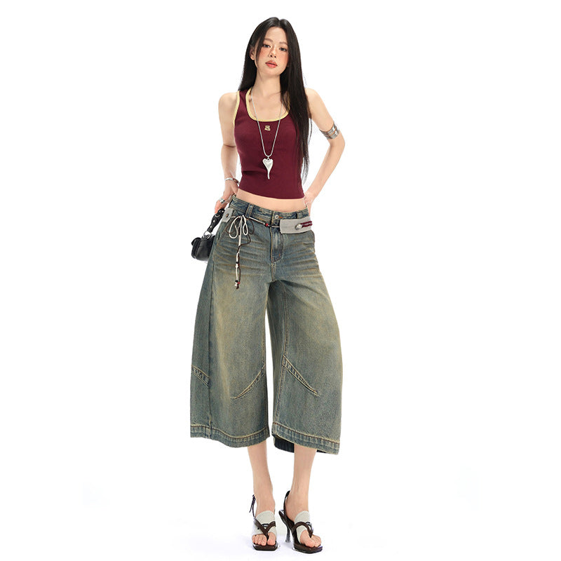 Retro Deconstructed Knife-Edge Denim Shorts - Distressed Wide-Leg Casual Pants