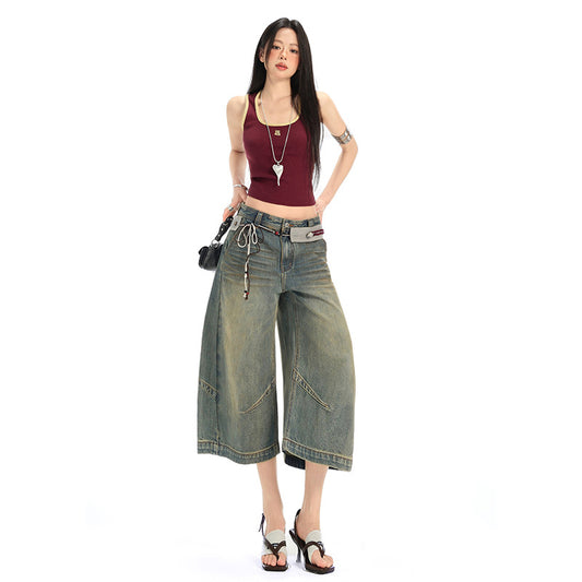 Retro Deconstructed Knife-Edge Denim Shorts - Distressed Wide-Leg Casual Pants