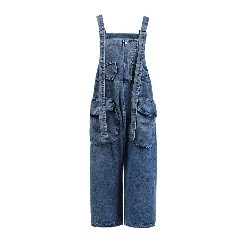 Stylish Women's Denim Overalls with Three-Dimensional Pockets