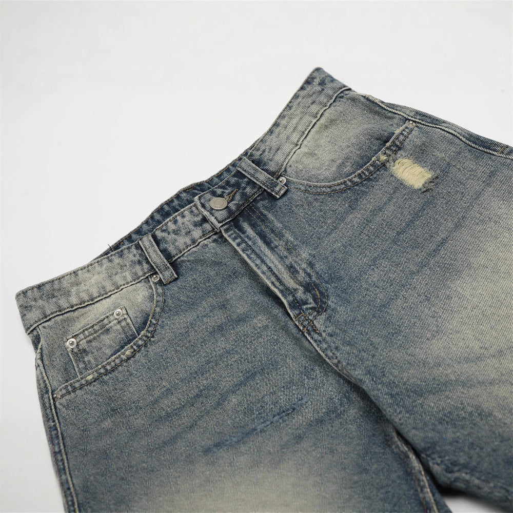 Men's Jeans with Bleached Lightning Pattern, Wide Leg, Casual Loose Fit