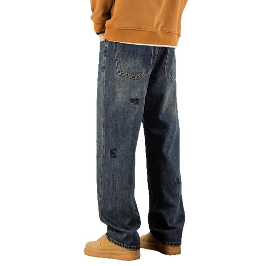 Embroidered Denim Pants - Straight Loose Casual Vintage Style Thickened