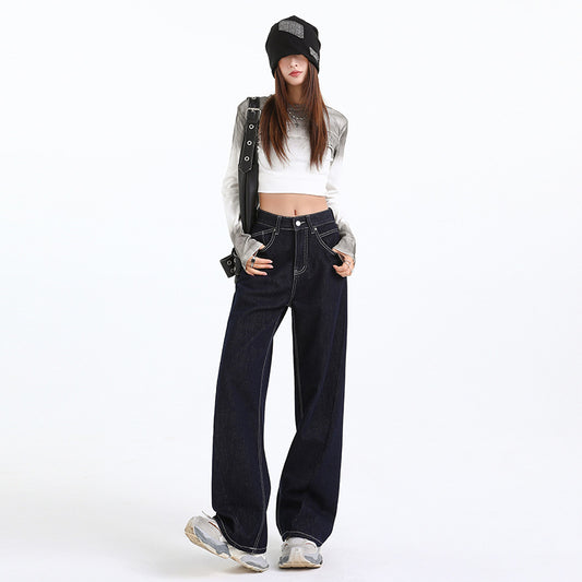Women's Dark Blue Wide-Leg Long Pants - Japanese Denim