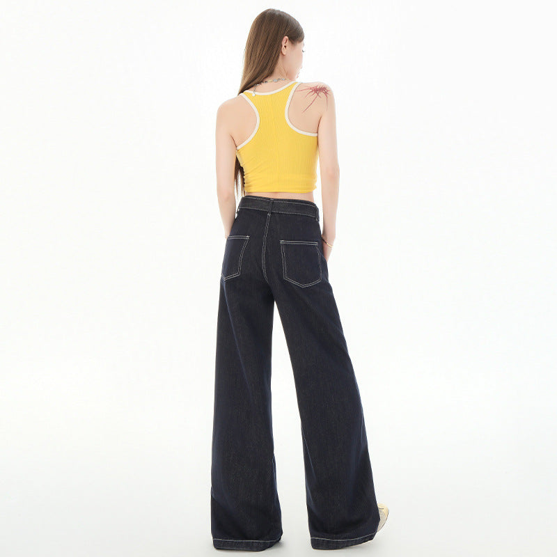 Women's Denim Blue High-Waisted Wide-Leg Knife-Edge Pants