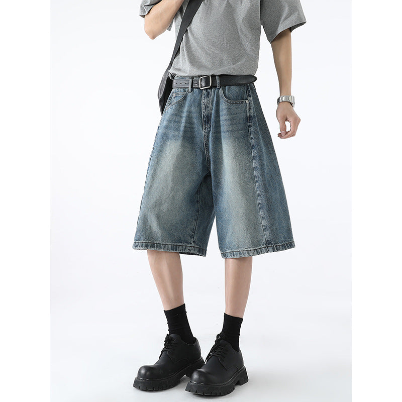 Retro Silhouette Wide Leg Denim Casual Washed Five Quarter Pants