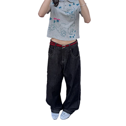 Embroidered Oversized Raw Denim Pants Unisex - Loose Straight Leg