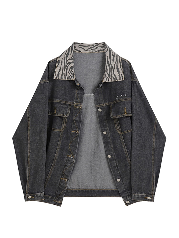 Retro Denim Jacket Women's Loose Zebra Pattern