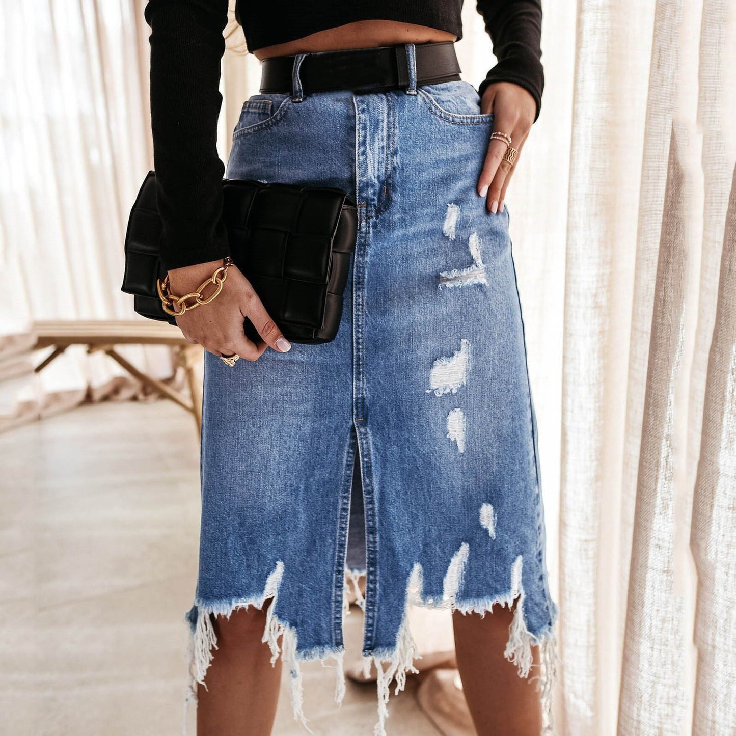 Women's High Waist A-Line Denim Mini Skirt with Split - Retro Wash
