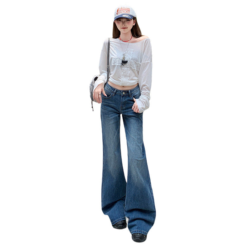Women's Loose Flared Denim Pants - Low Waist Slimming Trumpet Floor-Length Trousers