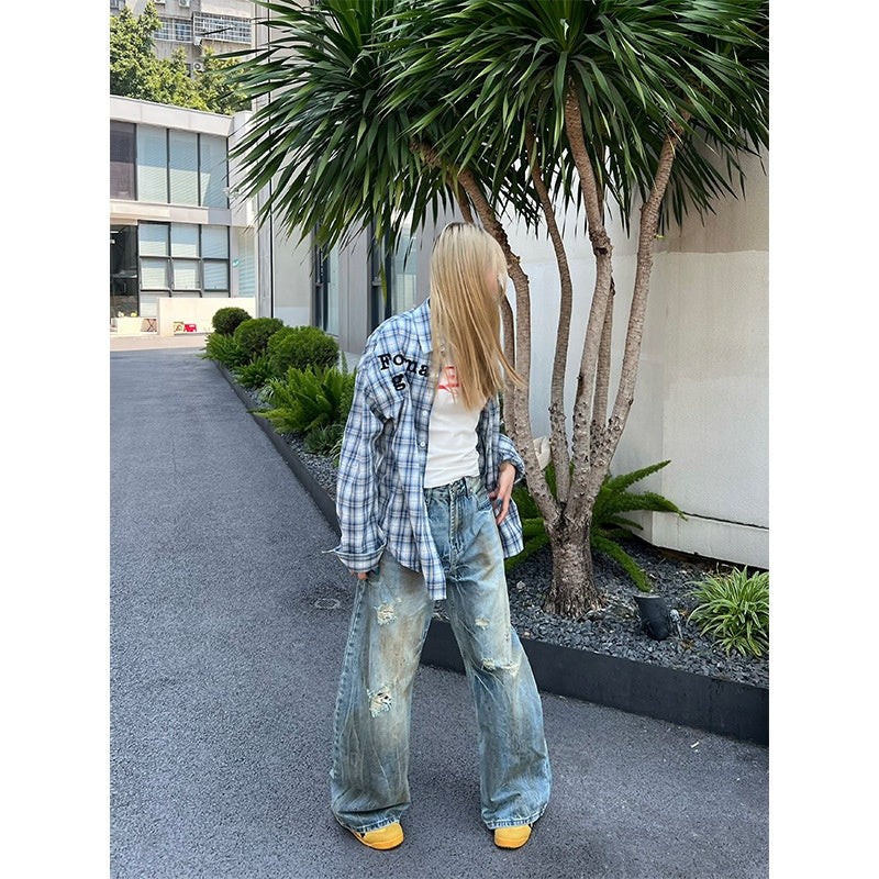 Ripped Denim Loose Straight Leg Wide Leg Curved Knife Pants