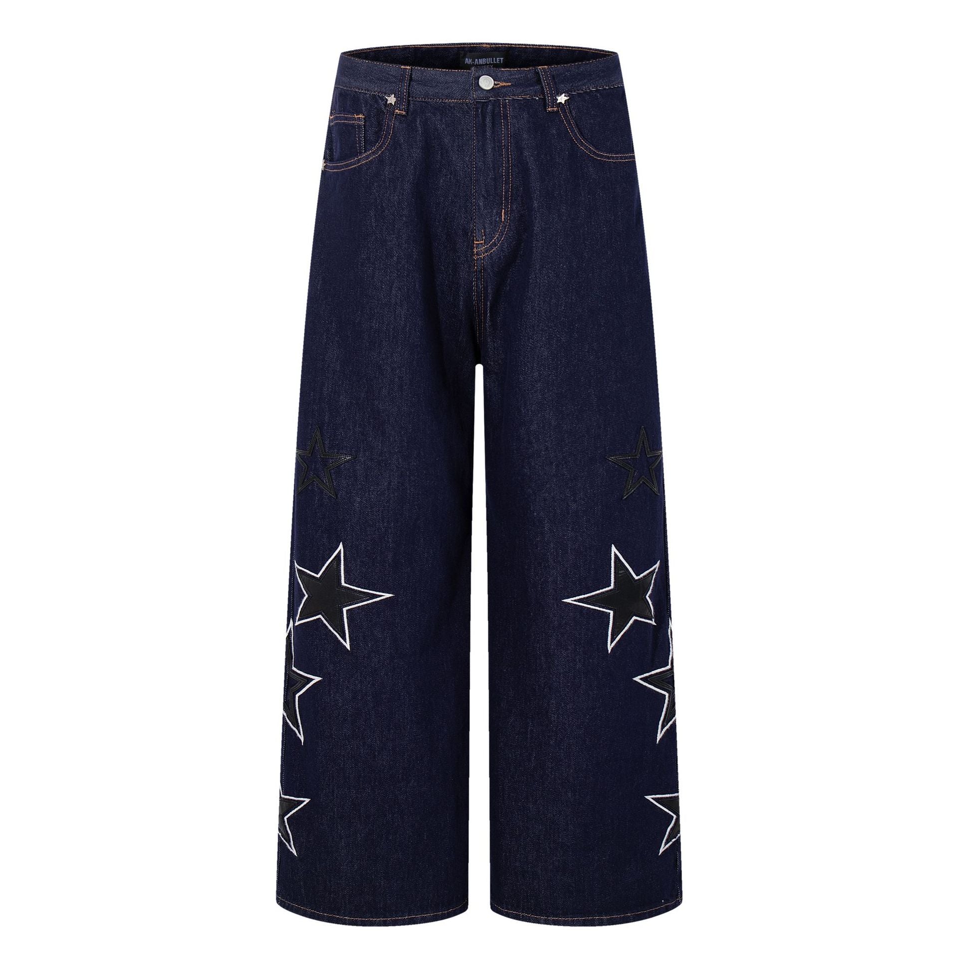 Street Denim Five Pointed Star Patch Embroidered Loose Wide Leg Pants