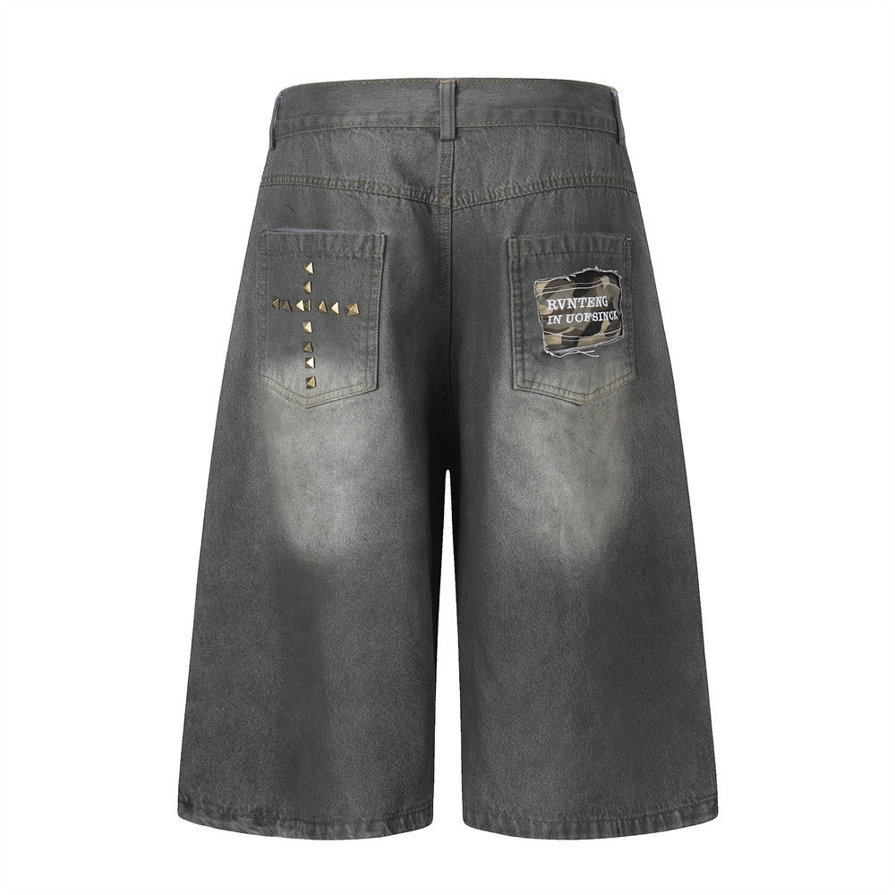 Men’s Punk Washed Denim Shorts — Distressed Cotton with Metal Accents