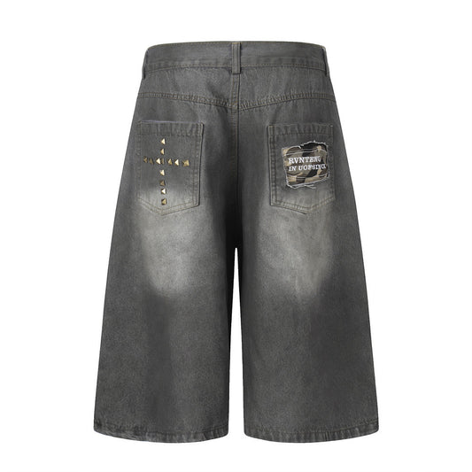 Men’s Punk Washed Denim Shorts — Distressed Cotton with Metal Accents