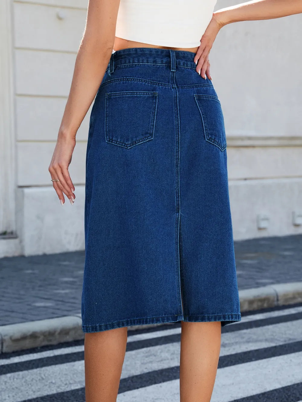 Luxury Japanese Denim Midi Skirt with Back Slit