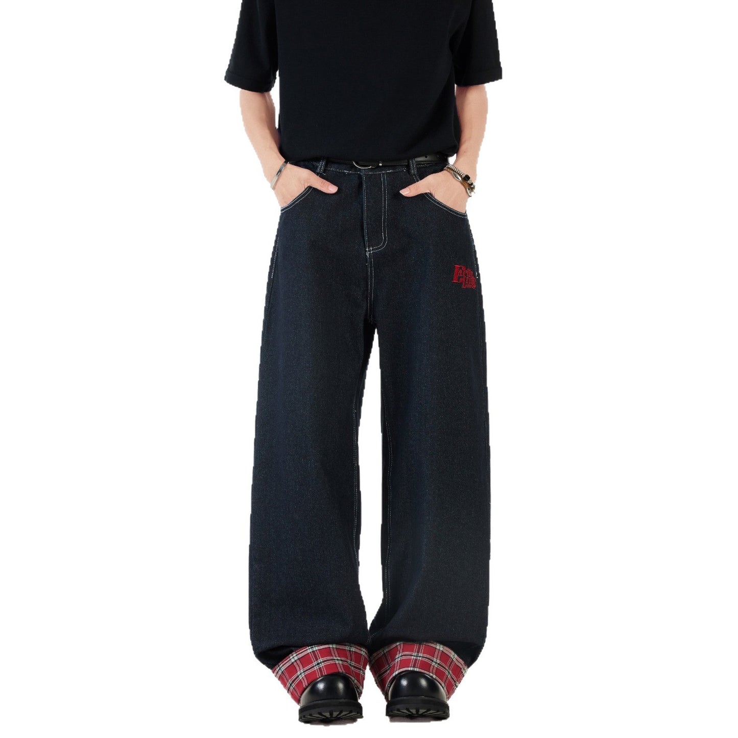 Grid Splicing Rolled Edge Jeans - Straight Leg Loose Pants