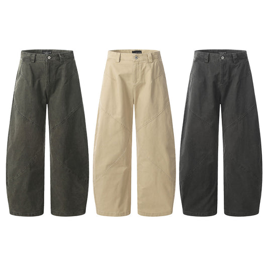 Men's Distressed Wide-Leg Denim Pants - Urban Workwear with Patchwork