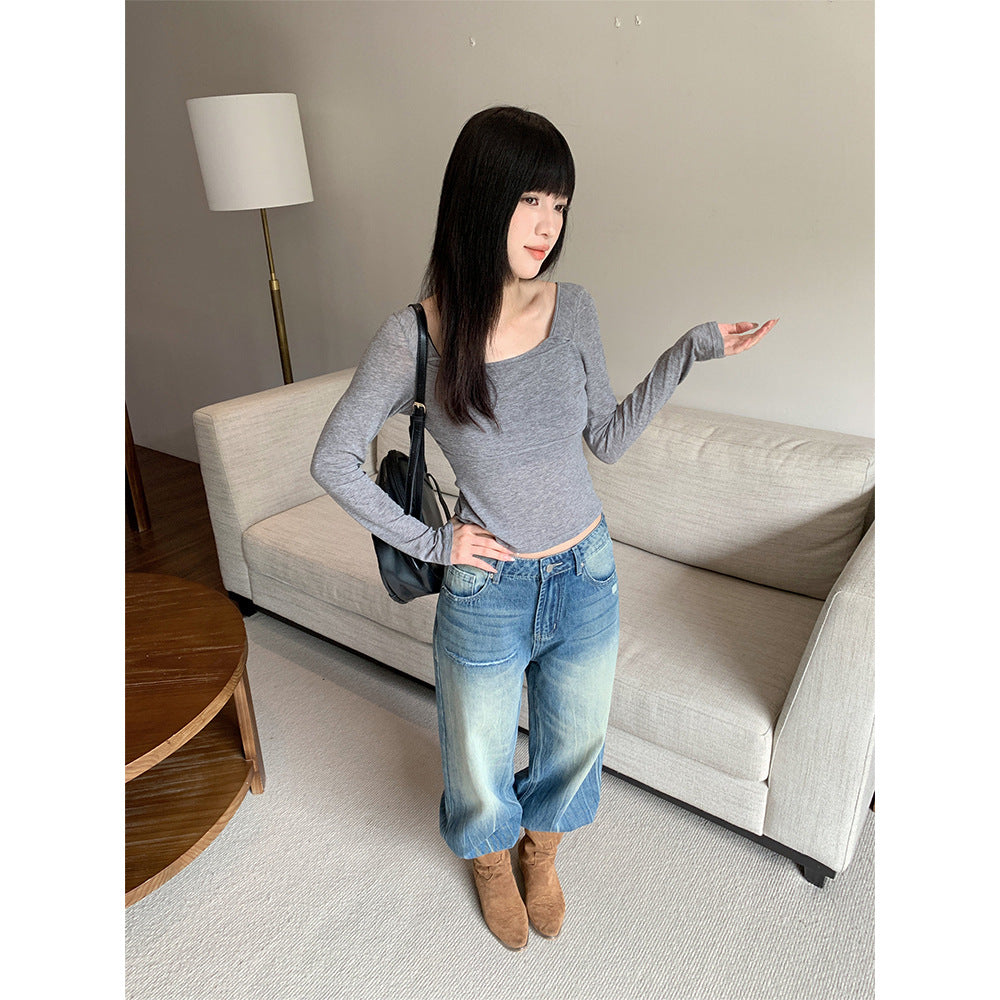 Unique Design Distressed Wide Leg Denim Pants with Tie-Dye Stripes for Women