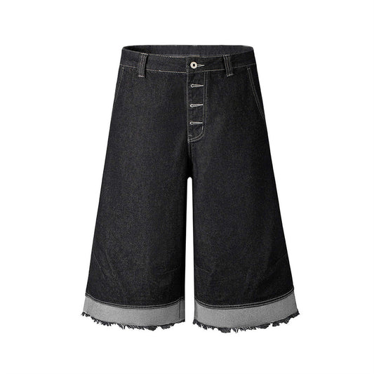 Men's Color Block A-Line Denim Shorts with Frayed Hem