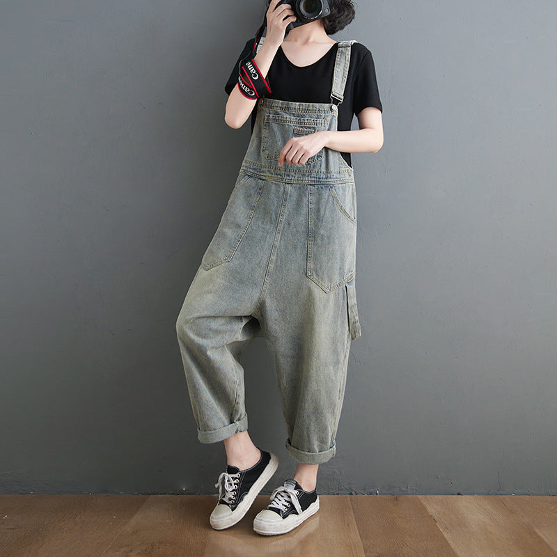 Vintage Women's Denim Jumpsuit with Pockets, Loose Fit, Retro Style, Spaghetti Straps, Ankle-Length