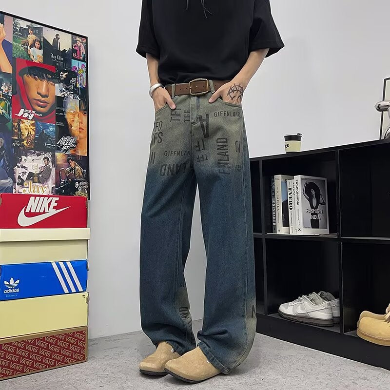 Premium Letter Printed Gradient Jeans for Men