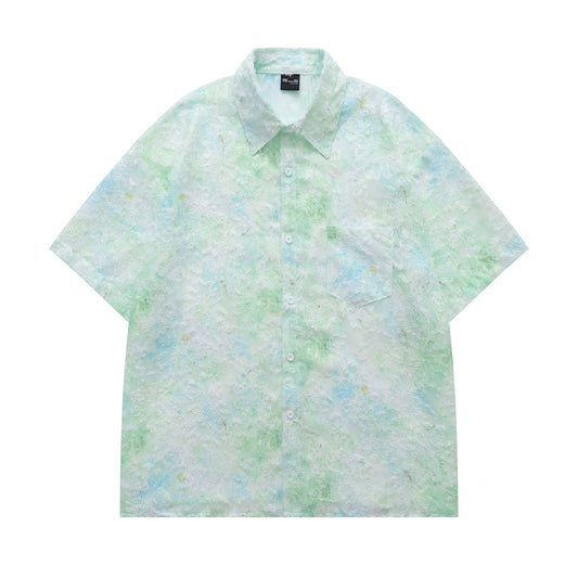 Retro Unique Design Jacquard Short Sleeve Shirt for Men - Loose Casual Couple Half Sleeve Blouse