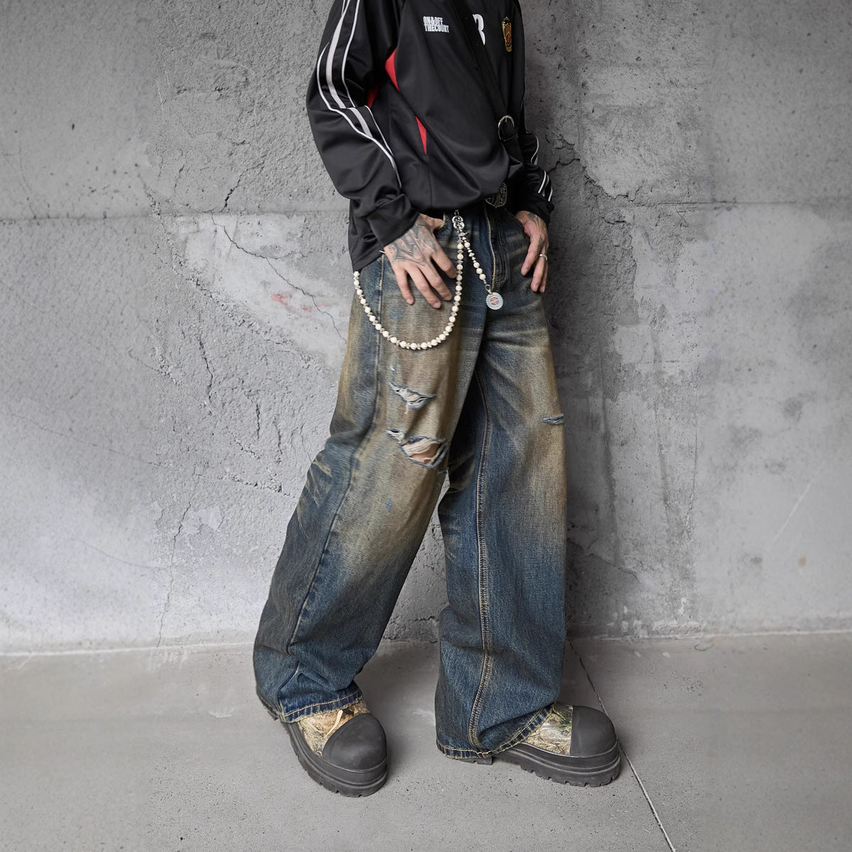 Vintage Washed Ripped  Dagger Cut Denim Pants - Unisex Loose Fit Wide Leg Trousers