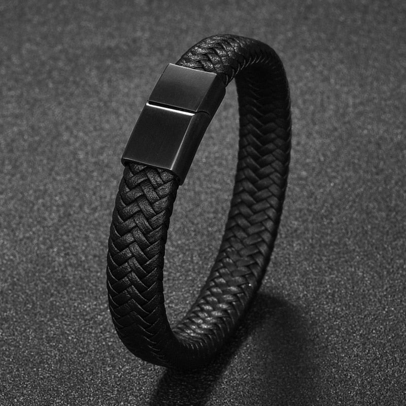 Men's Braided Leather Bracelet with Stainless Steel Magnetic Clasp