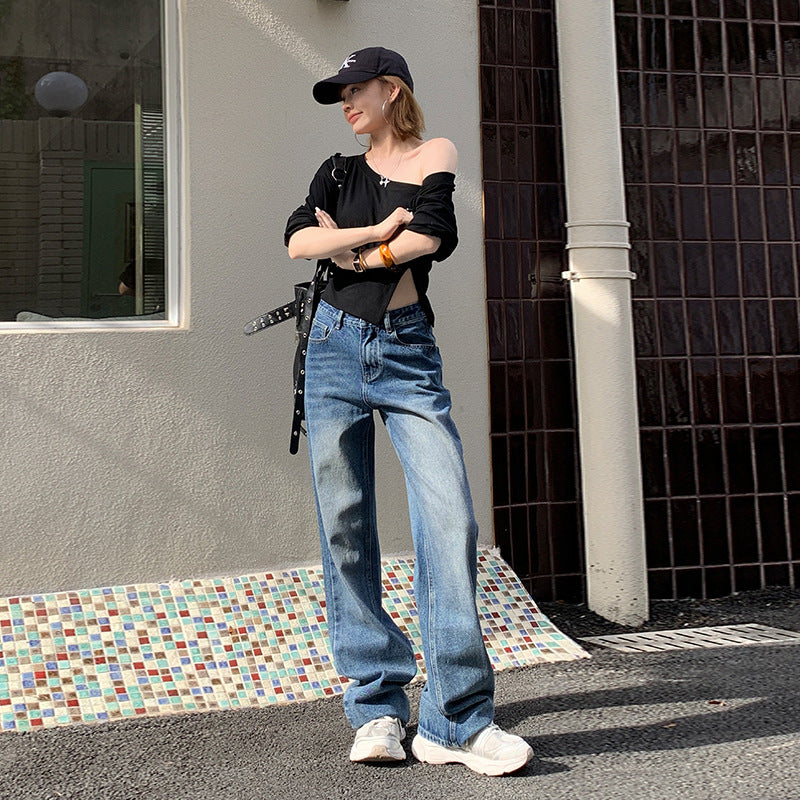 Low-Waist Straight Leg Jeans for Women – Loose Slim Design
