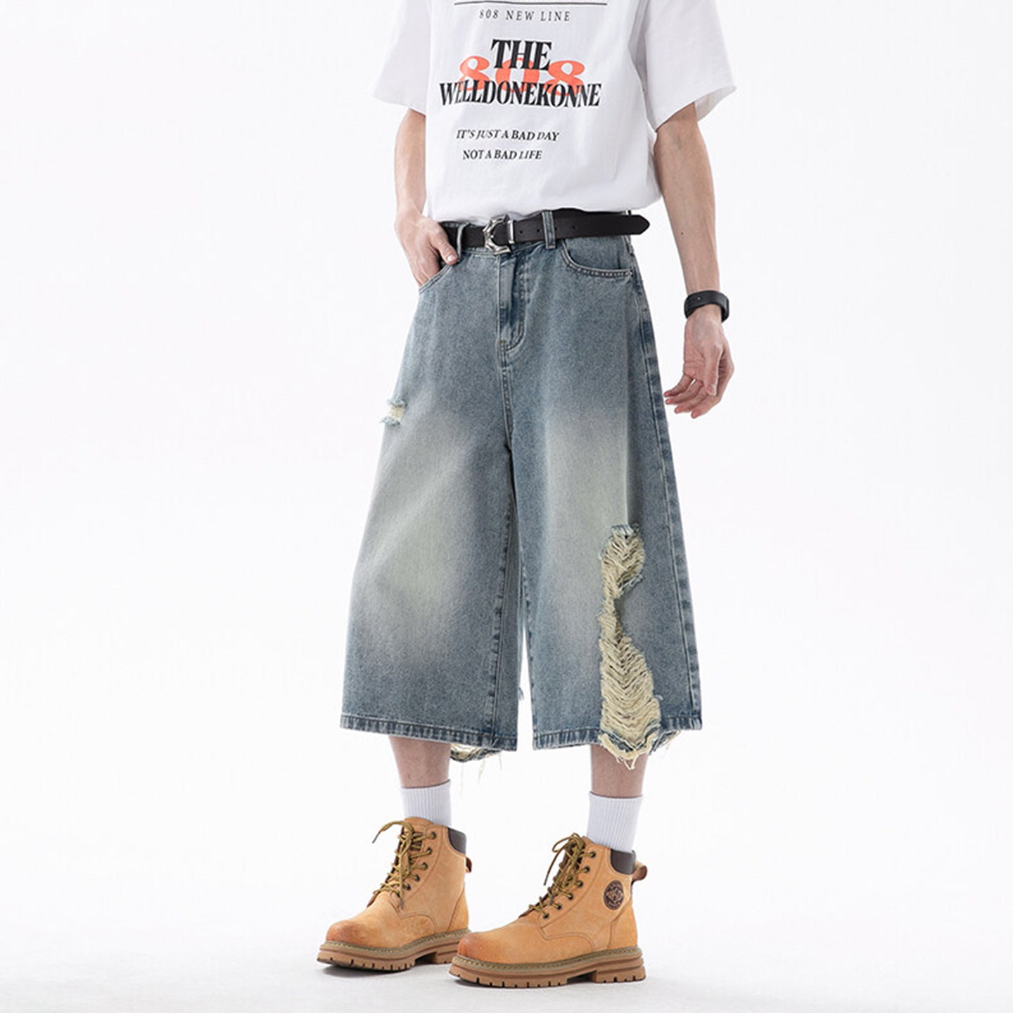 Men's Ripped Denim Cropped Pants - Summer Lightweight Design