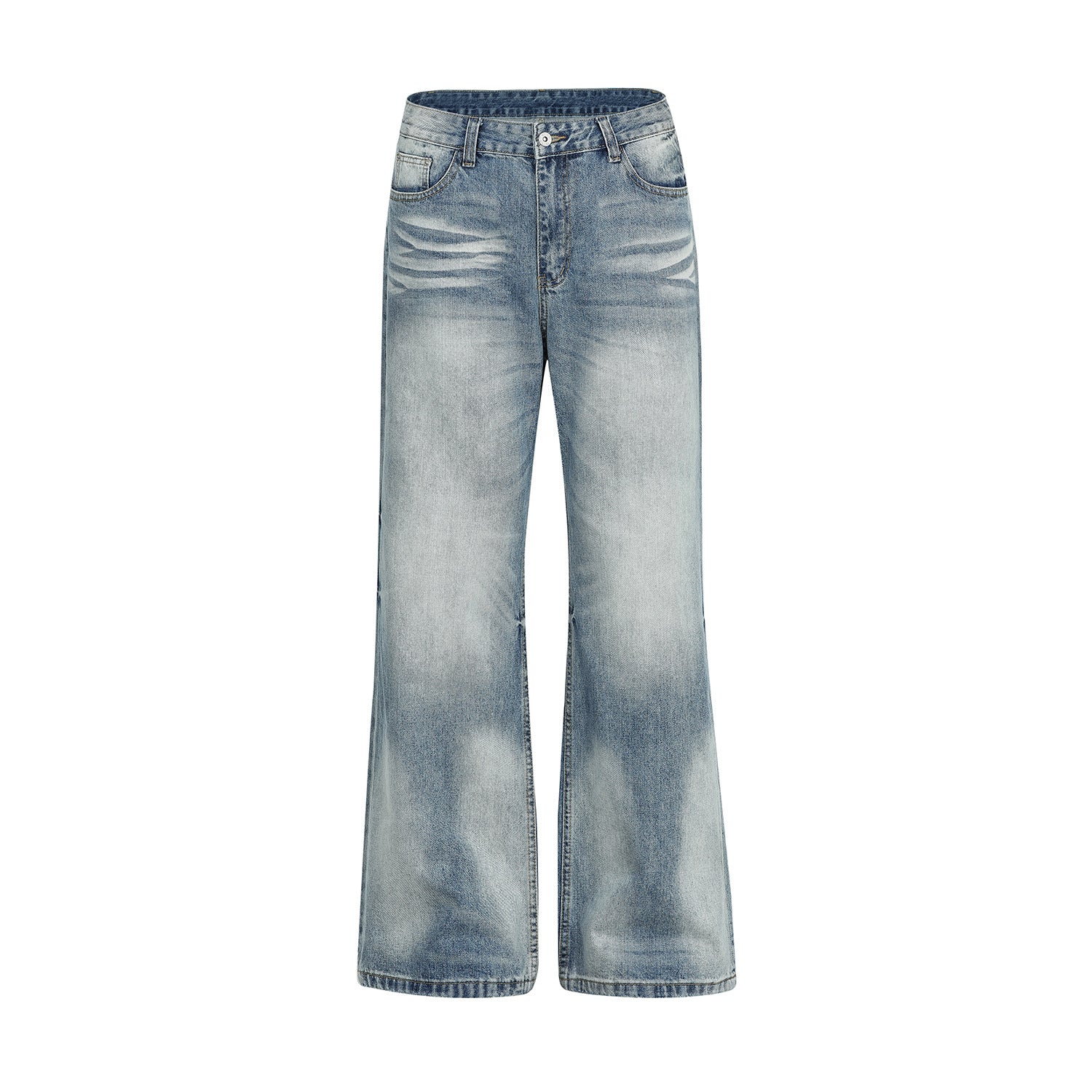 Vintage Street Cat-Whisker Pattern Loose Fit Men's Washed Blue Flared Jeans