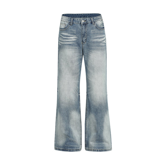 Vintage Street Cat-Whisker Pattern Loose Fit Men's Washed Blue Flared Jeans