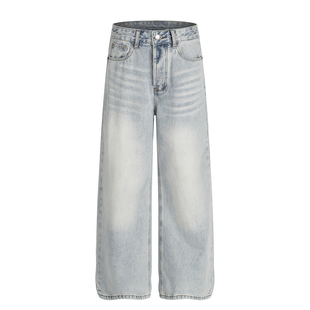 Vintage Men's Denim Jeans, Distressed Bleached Whiskered, Trendy Brand, Loose Fit, Straight Leg Pants