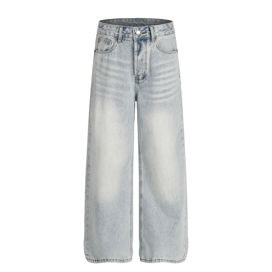 Vintage Men's Denim Jeans, Distressed Bleached Whiskered, Trendy Brand, Loose Fit, Straight Leg Pants