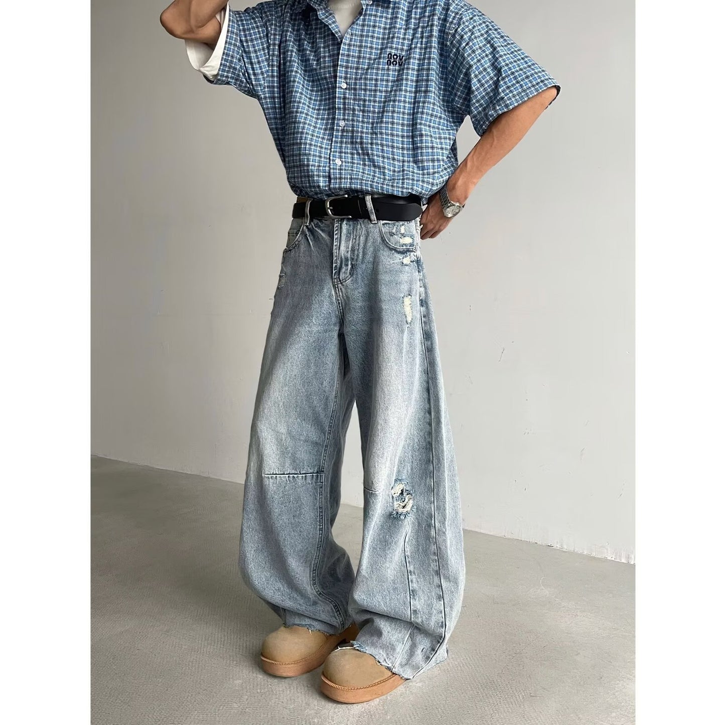 Ripped Denim Loose and Slimming Versatile Wide Leg Pants with Frayed Edges