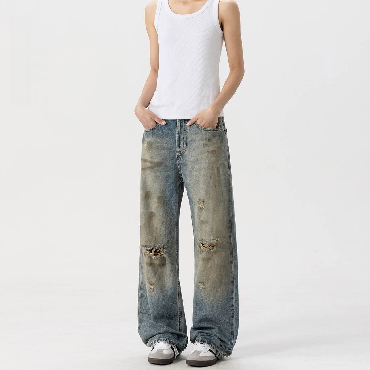 Ripped Denim Dirty Dyed Vintage Distressed Pants