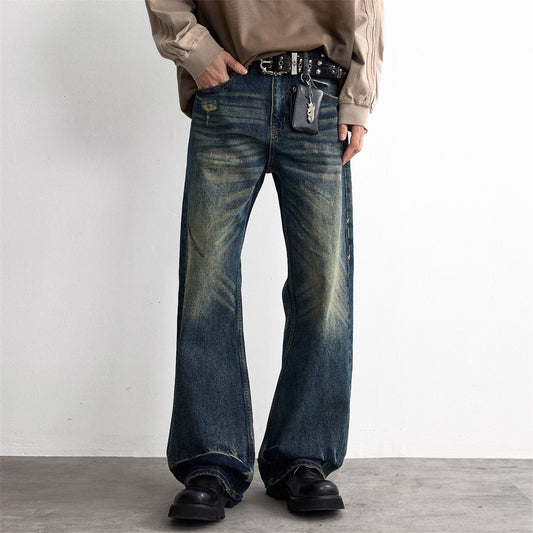 Vintage Blue Washed Straight-Fit Denim Jeans for Men