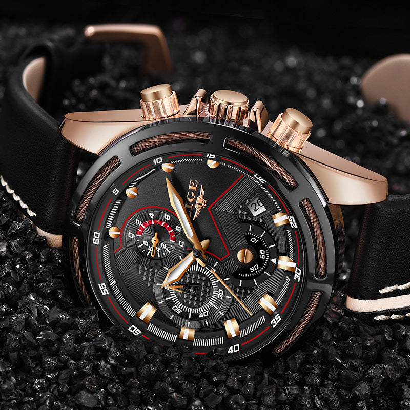 Men's Luxury Gold Waterproof Sport Quartz Watch with Leather Band