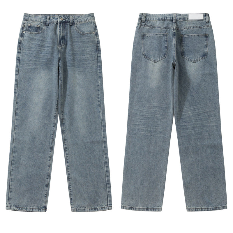 Basic Versatile Blue Jeans for Men - Loose Straight Wide Leg Washed
