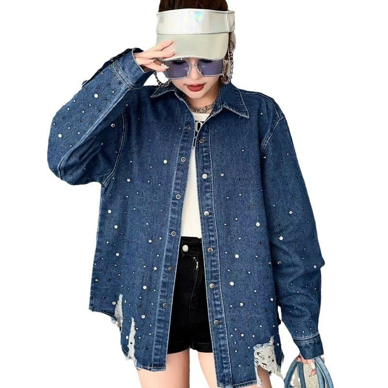 Heavy Industry Hot Diamond Denim Jacket for Women - Washed Retro Loose Top