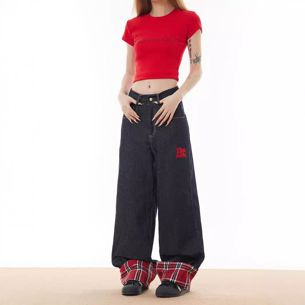 Checkered Patchwork Rolled Edge Jeans - Premium Japanese Denim