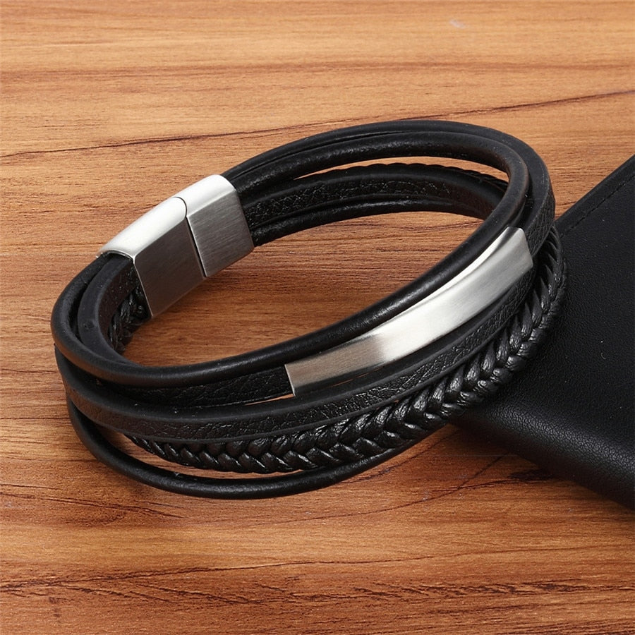 Genuine Leather Bracelet for Men - Handmade Multilayer Magnet Charm