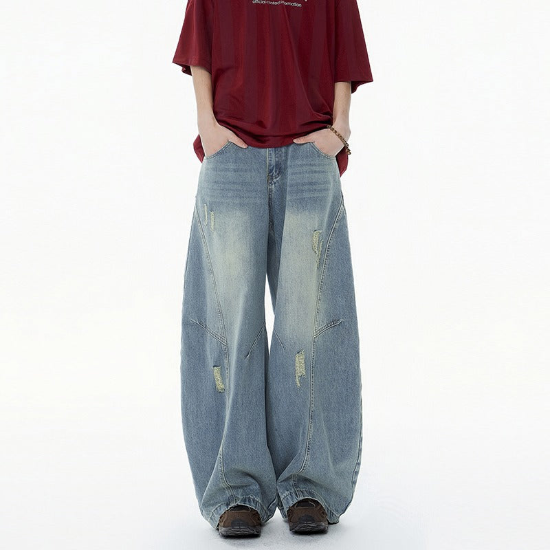Premium Wide Leg Ripped Banana Straight Leg Denim Pants