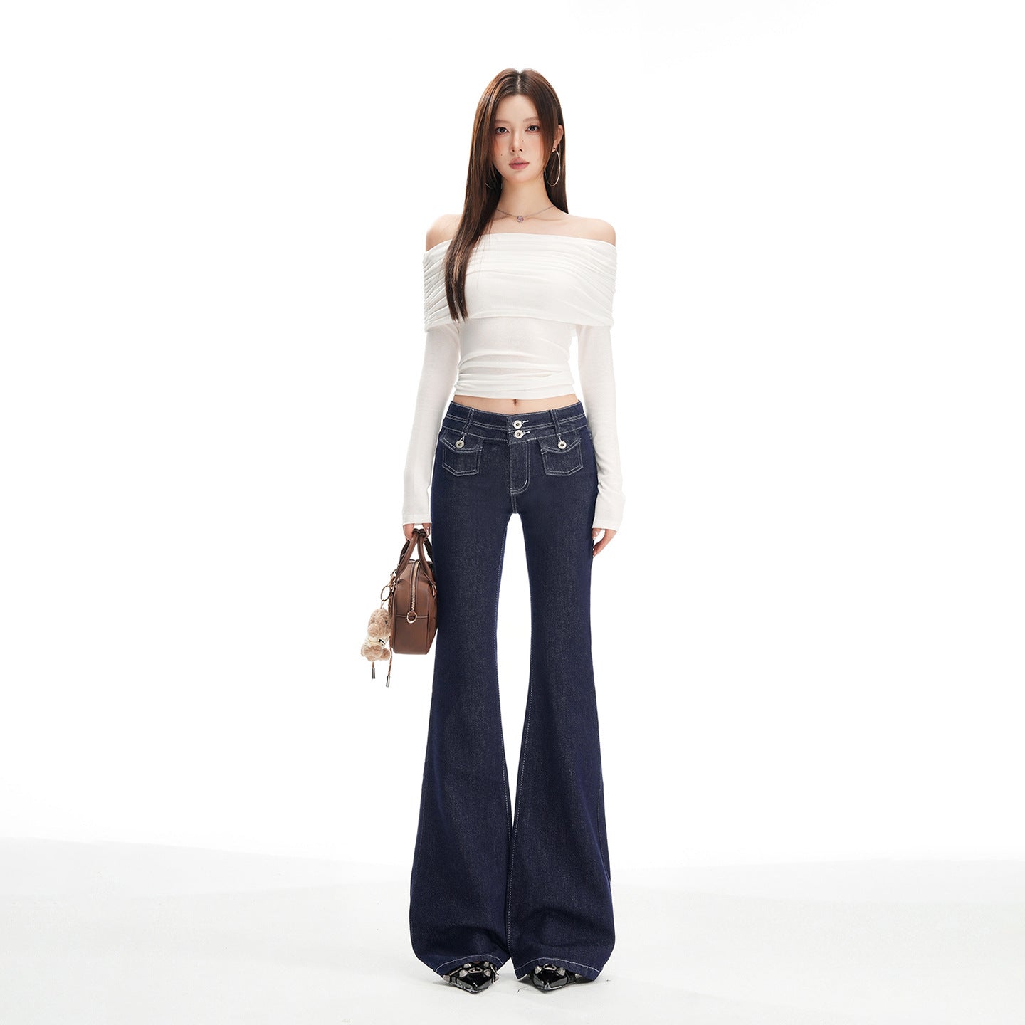 Women's Deep Blue Low-Waist Flared Denim Pants with Elastic Design