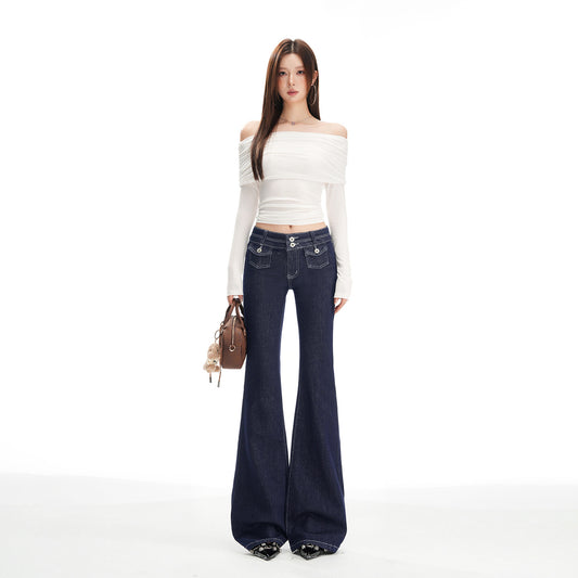 Women's Deep Blue Low-Waist Flared Denim Pants with Elastic Design