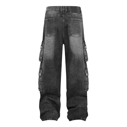 High Street Washed Vintage Multi-Pocket Denim Work Pants - Unisex Loose Wide-Leg Tactical Trousers
